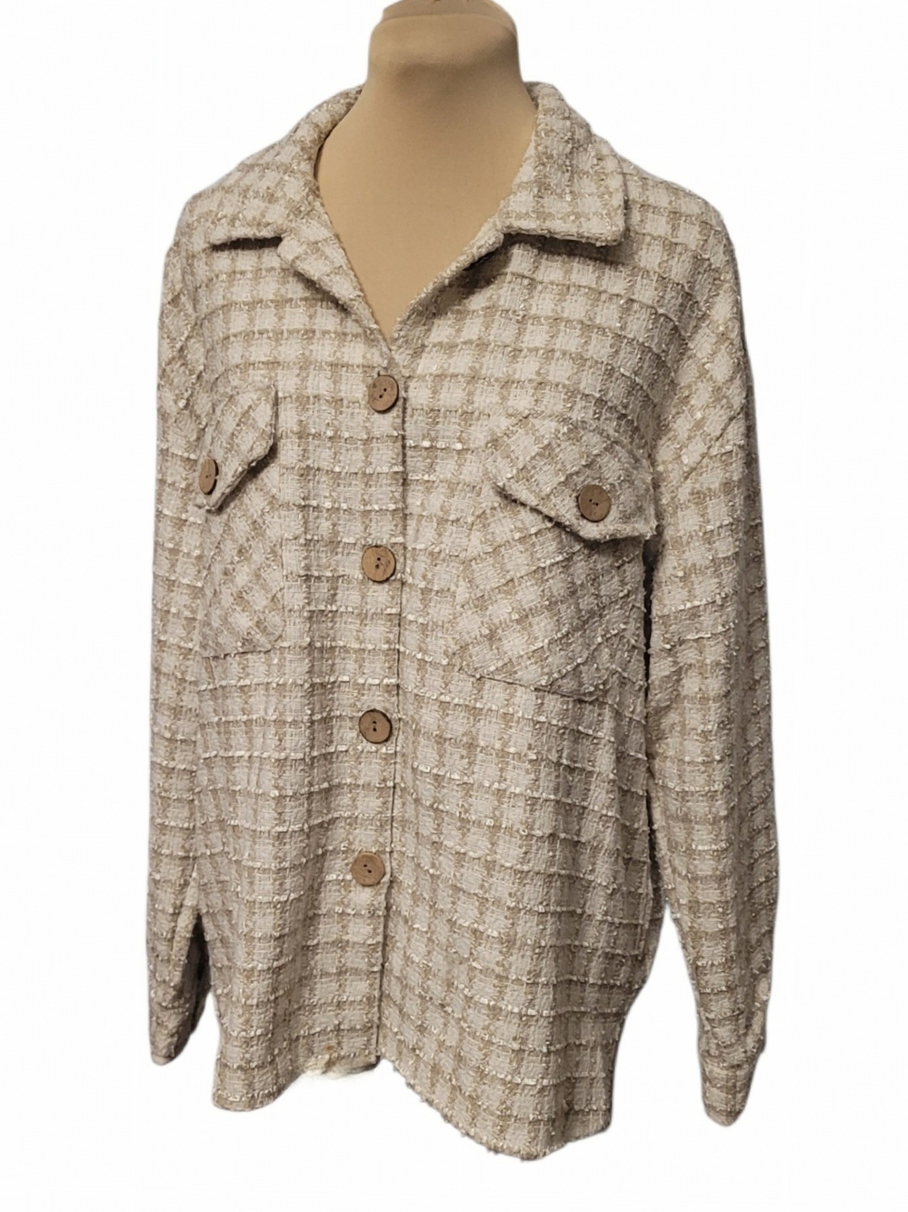 Beige Textured Button-Front Women's Jacket
